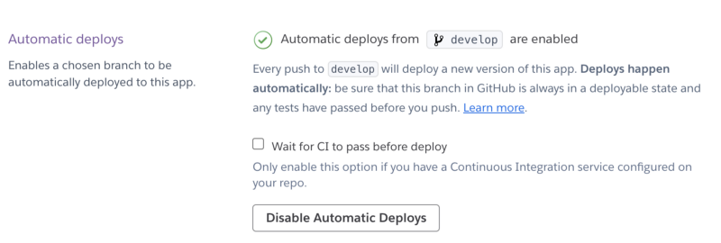 Automatic Deploys section on Deploy tab in Heroku app view