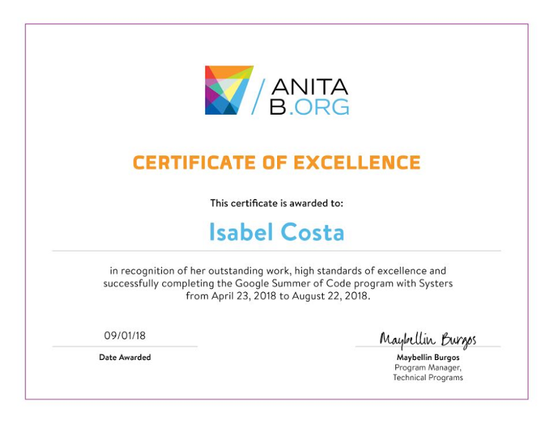 Digital Certificate for my outstanding work during GSoC with Systers Community