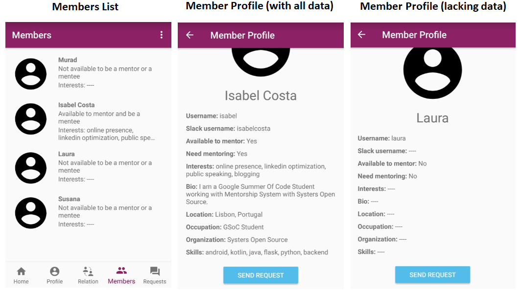 Members List and Member Profile UI submitted on PR #25 (2 screens on right are scrolled down)