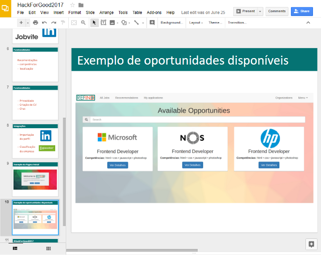 Slides (in Portuguese) presented during the 1º presentation phase, before the top 10 selection