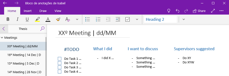Example of my organization on OneNote